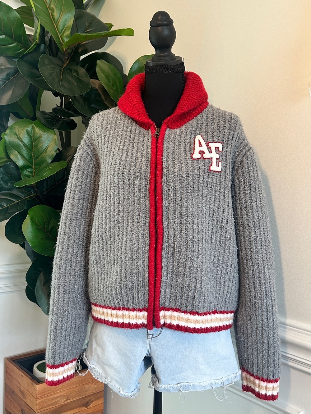 American Eagle Outfitters Grey Knit Jacket with Red Accents